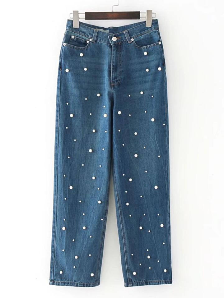 Shein Pearls Embellished Straight Jeans