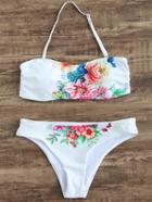 Shein White Flower Print Halter Bikini Set