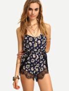Shein Lace Trimmed Floral Print Cami Romper - Navy
