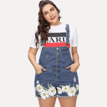 Shein Plus Floral Appliques Button Front Denim Overalls