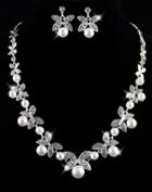 Shein Silver Pearls Leaves Necklace With Earrings