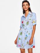 Shein O-ring Belt Detail Floral And Striped Shirt Dress