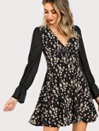 Shein Semi Sheer Sleeve Lace Up Floral Dress
