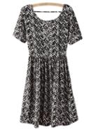 Shein Black White Elastic Waist Wave Print Dress