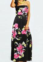 Shein Black Strapless Floral Backless Bohemian Maxi Dress
