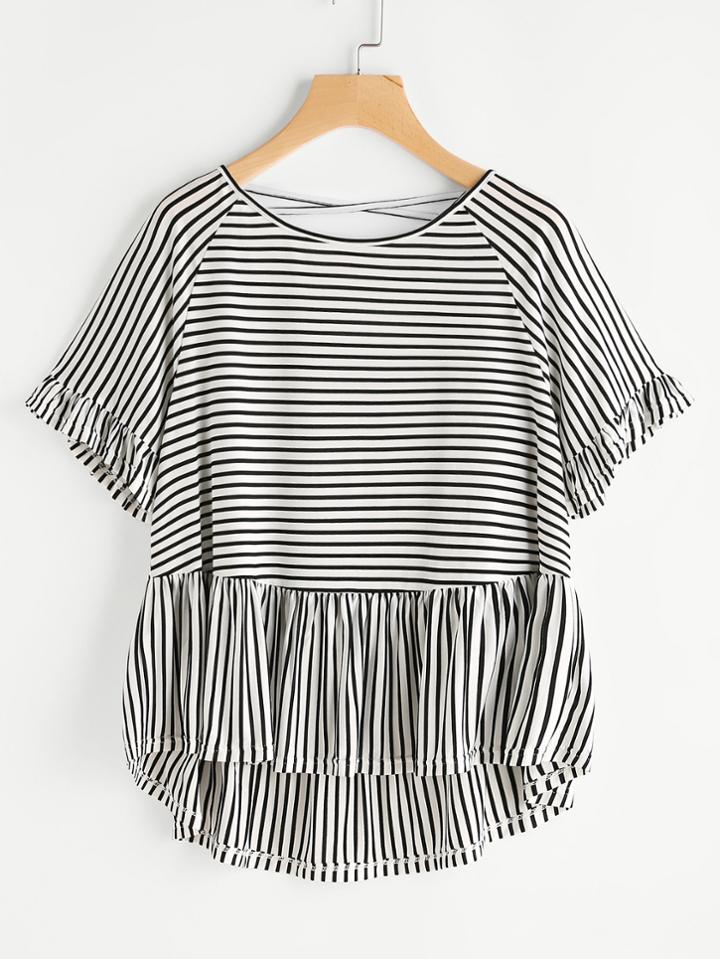 Shein Crisscross Back Frill Trim Dip Hem Smock Tee