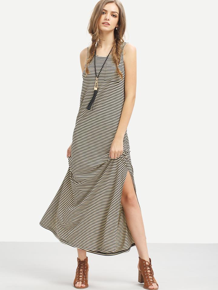 Shein Black Striped Sleeveless Split Side Maxi Dress