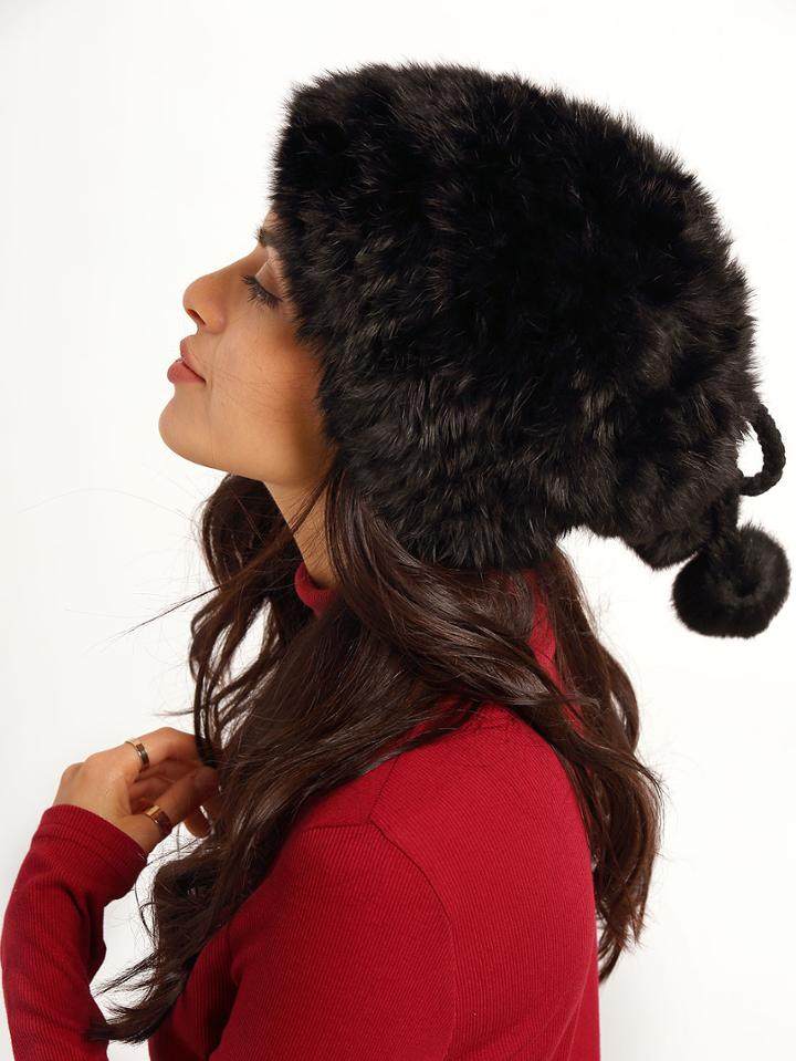 Shein Black Twisted Ball Rabbit Fur Hat