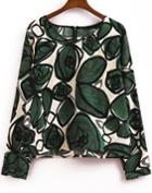 Shein Green Long Sleeve Leaves Print Crop Blouse
