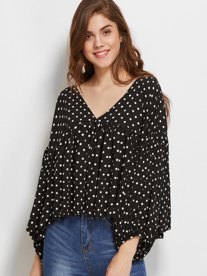 Shein Black Polka Dot V Neck Lantern Sleeve Blouse