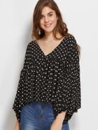 Shein Black Polka Dot V Neck Lantern Sleeve Blouse