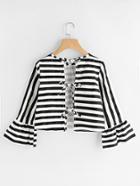 Shein Contrast Striped Flute Sleeve Tie Back Blouse
