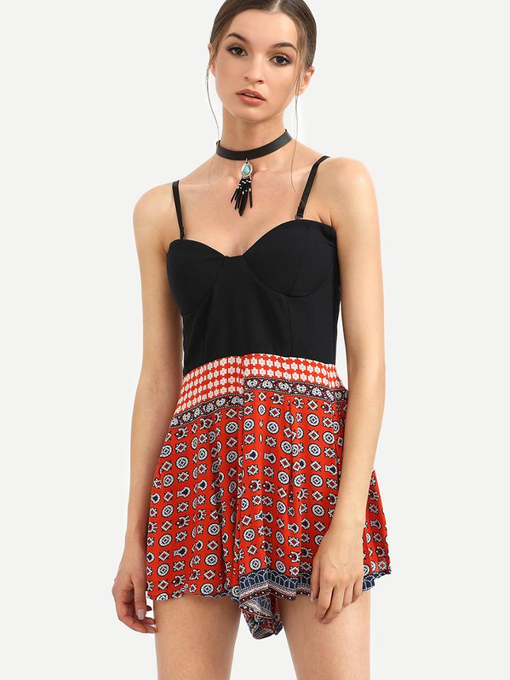 Shein Contrast Tribal Print Spaghetti Strap Zipper Back Romper
