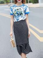 Shein White And Blue Porcelain Top With Polka Dot Skirt