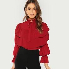 Shein Tie Neck Layered Ruffle Bell Sleeve Top