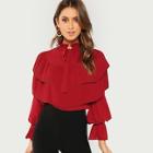 Shein Tie Neck Layered Ruffle Bell Sleeve Top