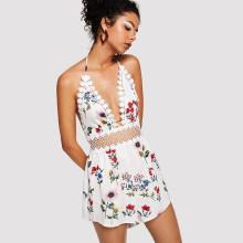 Shein Lace Insert Plunge Halterneck Floral Romper