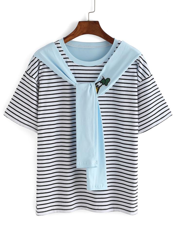 Shein Cartoon Patch Blue Tie-neck Striped T-shirt