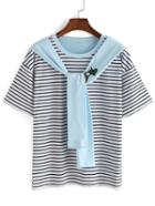 Shein Cartoon Patch Blue Tie-neck Striped T-shirt