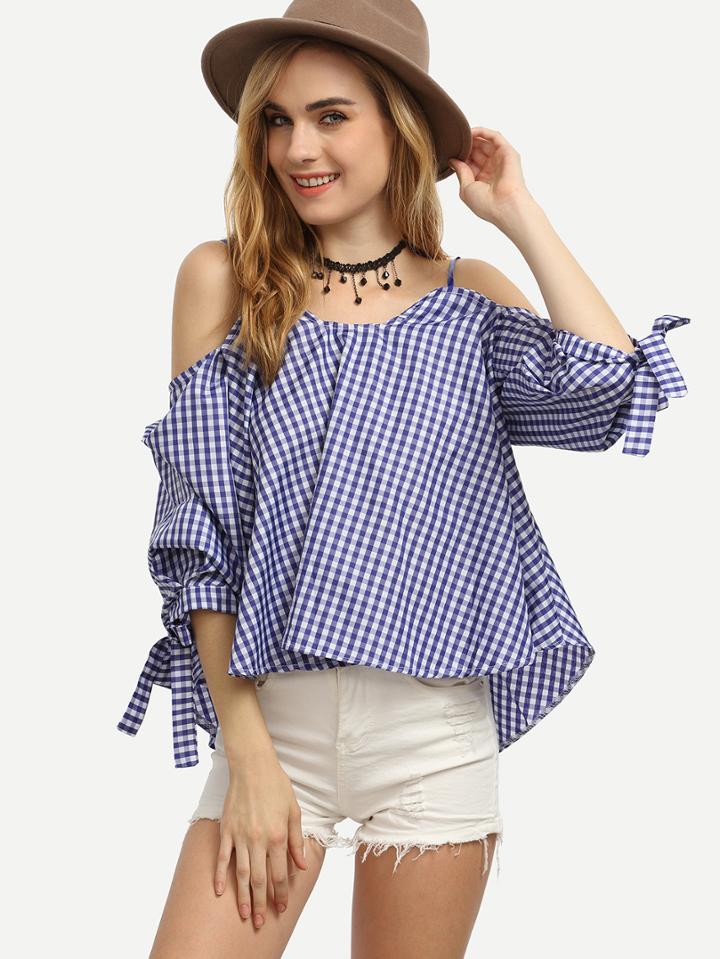 Shein Blue Checkerboard Cold Shoulder Tie Sleeve Blouse