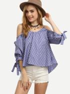 Shein Blue Checkerboard Cold Shoulder Tie Sleeve Blouse