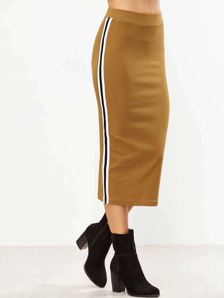 Shein Mustard Side Striped Fit Tea Length Skirt