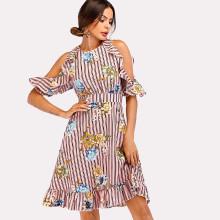 Shein Striped Open Shoulder Ruffle Hem Dress
