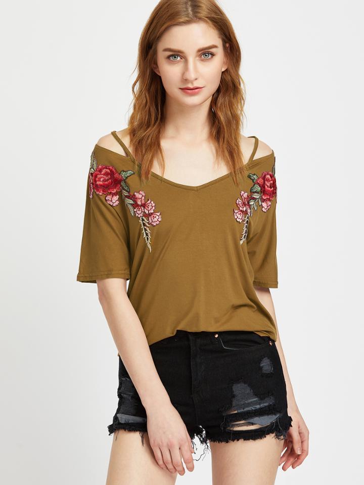 Shein Mustard Rose Patch Strappy V Neck Tee