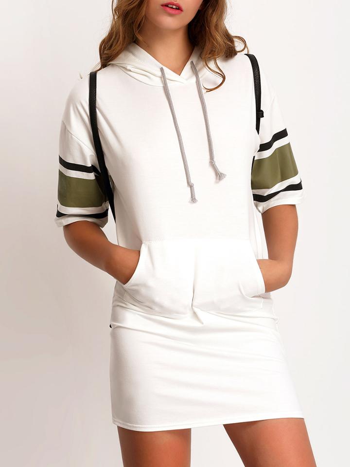 Shein Hooded Striped Trim White Sweatshirt Dress With Drawstring