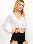 Shein White Eyelet Lace Up Ruffle Top