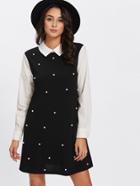 Shein Contrast Collar And Sleeve Pearl Embellishing Swing Dress