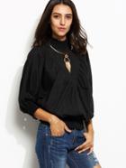 Shein Black High Neck Lantern Sleeve Keyhole Shirred Blouse