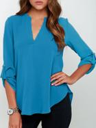 Shein Blue V Neck Buckle Casual Blouse