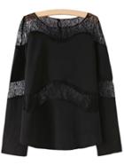 Shein Black Scoop Neck Lace Splicing Blouse