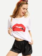 Shein White Lip Print Rolled Sleeve T-shirt