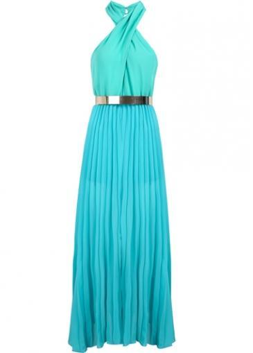 Rosewe Chic Open Back Halter Neck Blue Maxi Dress