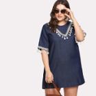 Shein Plus Embroidered Tape Tassel Detail Denim Dress