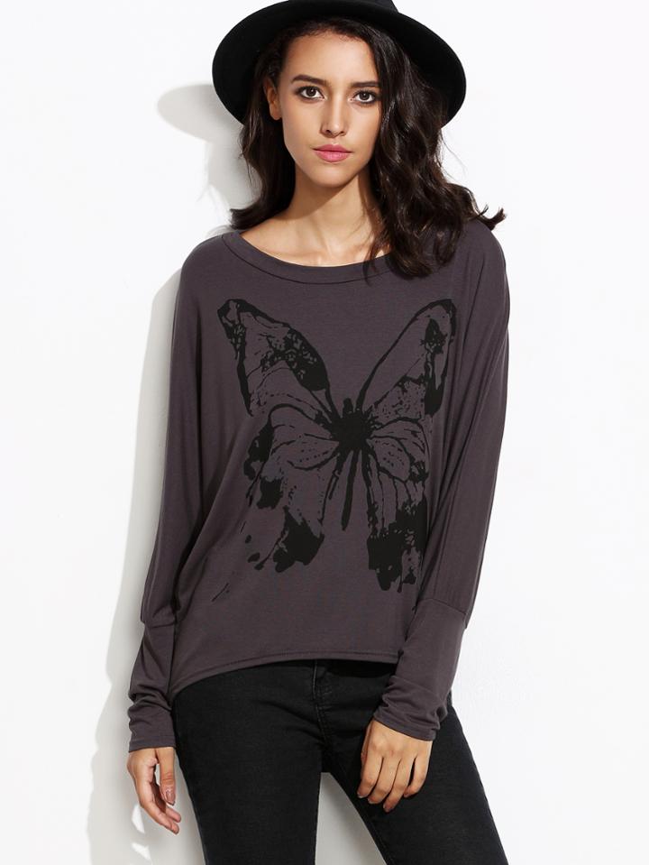Shein Butterfly Print Batwing Sleeve High Low T-shirt