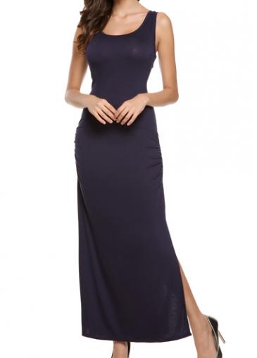 Rosewe Navy Blue Side Slit Round Neck Tank Dress