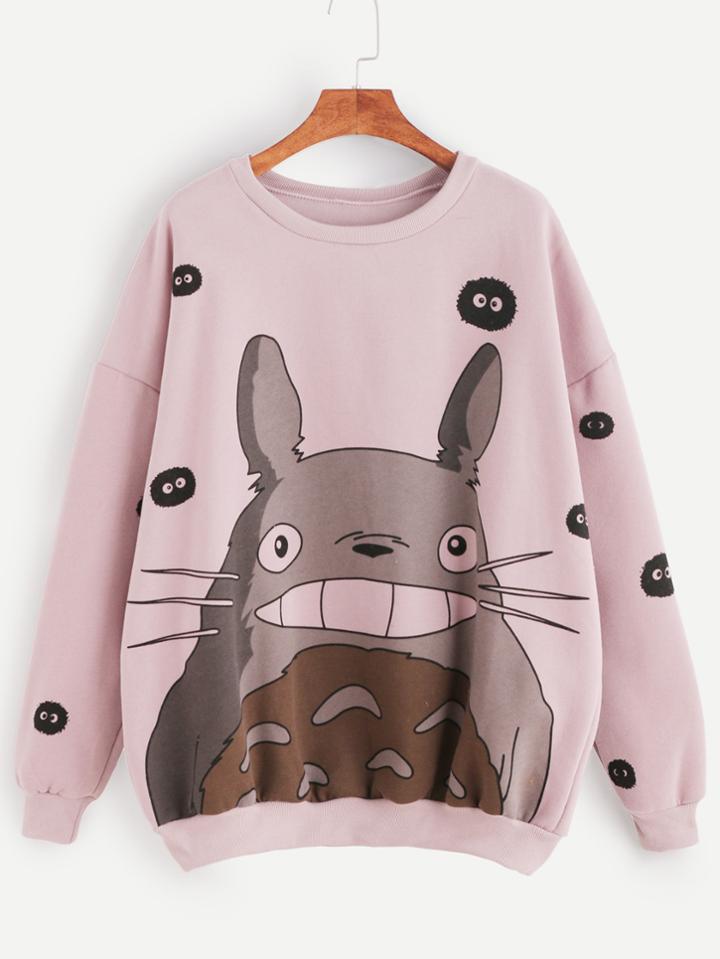Shein Pink Cartoon Print Drop Shoulder Seam Sweatshirt