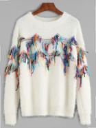 Shein White Fringe Trim Fuzzy Sweater