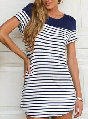 Shein Blue White Raglan Round Neck Short Sleeve Striped Dress