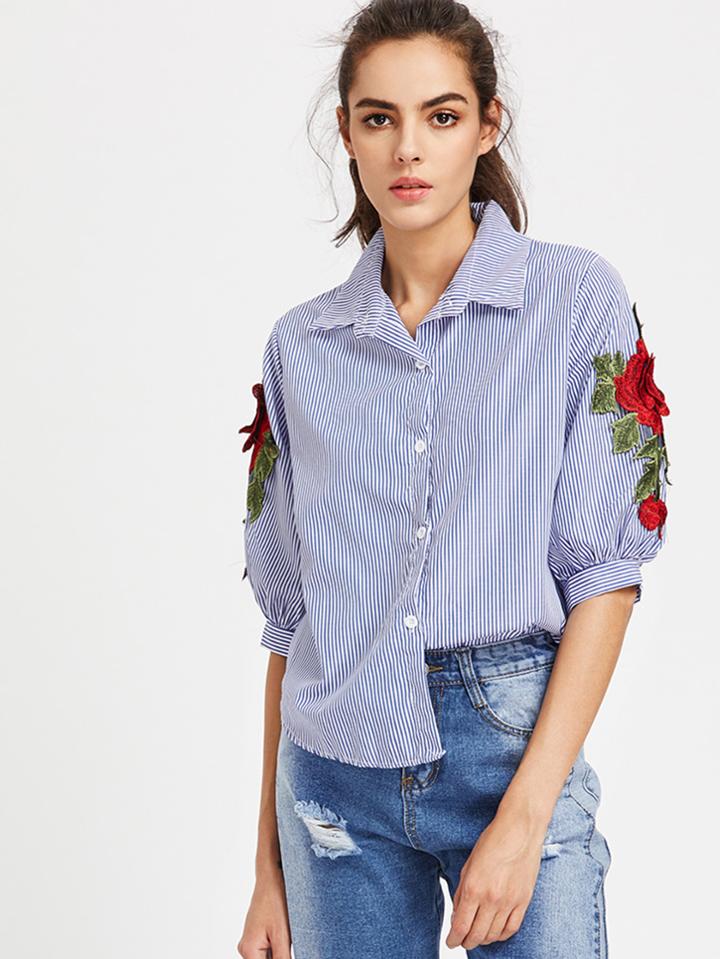 Shein Pinstripe Rose Embroidered Appliques Top