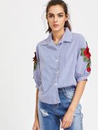Shein Pinstripe Rose Embroidered Appliques Top