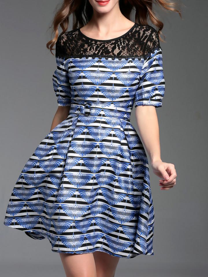 Shein Blue Contrast Lace Striped Jacquard Dress