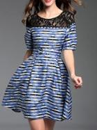 Shein Blue Contrast Lace Striped Jacquard Dress