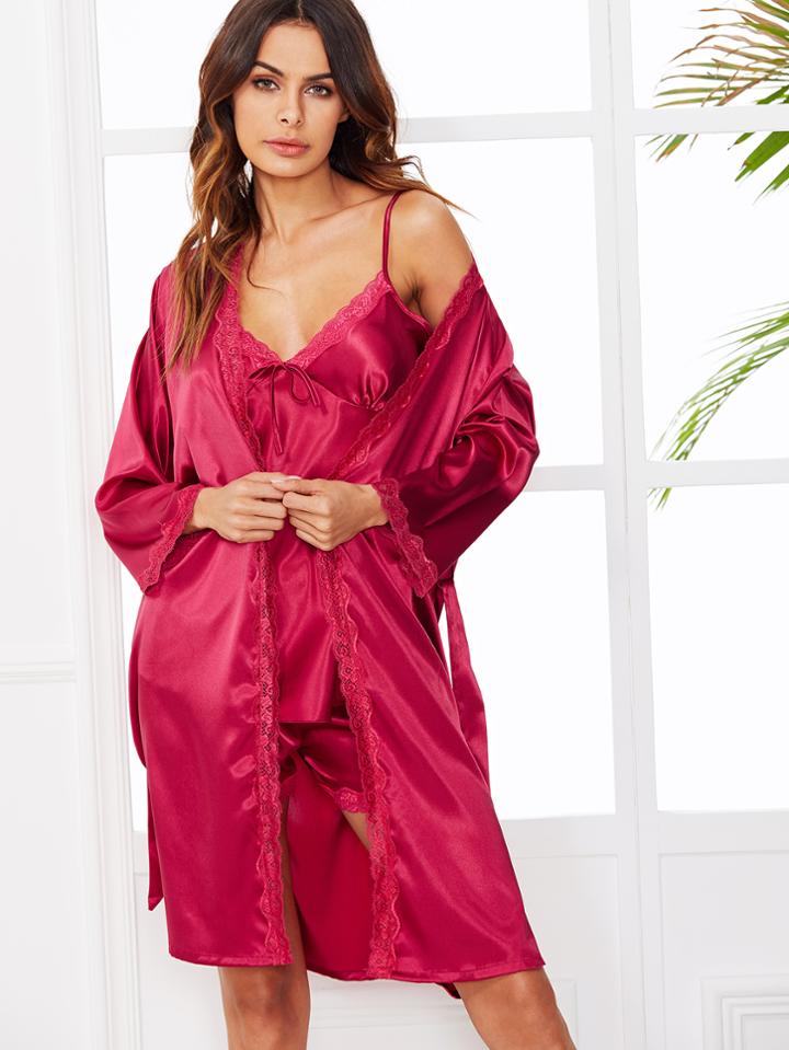Shein Lace Panel Cami Pajama Set With Robe