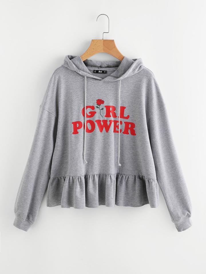 Shein Frill Trim Girl Power Heather Knit Hoodie