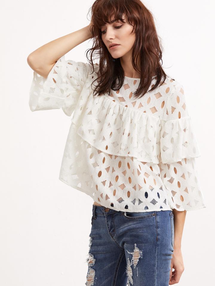 Shein White Hollow Out 3/4 Sleeve Layered Ruffle Lace Top