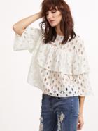 Shein White Hollow Out 3/4 Sleeve Layered Ruffle Lace Top